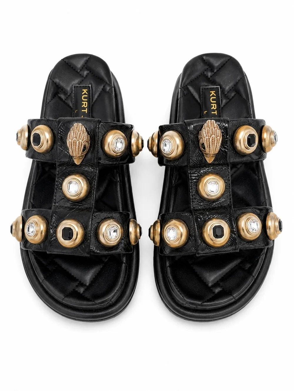🆕️Kurt Geiger London Orson Studded Slides Black Gold Crystal Sandals US 7 - Picture 1 of 7